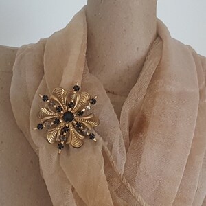 Flower Pendant, Flower Brooch, Textured Gold Floral, Black Flower, Black Rhinestones, Dimensional Flower, Mourning Grief, Charm Jewelry image 2