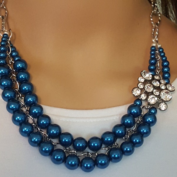 Triple Strand Necklace, Popular Chic Necklace, Blue Faux Pearls, Modern Statement Necklace, Holiday Jewelry, Blue Bib Necklace, Gift For Her