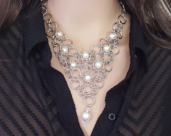 Handcrafted Chainmaille Necklace, Jump Ring Statement Link Jewelry, Chain Link Bib, Faux Pearl, Metal Mesh Weave Armour, Unusual OOAK Gift