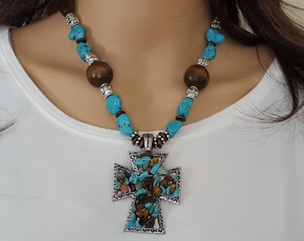 Turquoise Cross Necklace, Wood Beaded Necklace, Rustic Wood Necklace, Cross Pendant Necklace, Western Jewelry, Spiritual Cross Jewelry