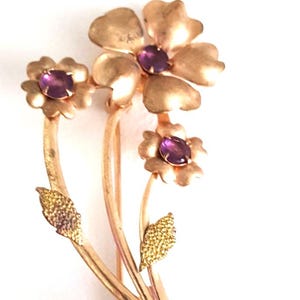 Vintage 1960&#39;s Gold Tone Flower Bouquet Brooch, Purple Glass Floral Rhinestone Pin, Spring Summer Garden Accessory, Fashion Costume Jewelry