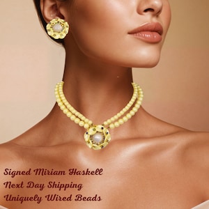 Vintage zeldzame Miriam Haskell Floral Demi Parure-sieraden, dubbele streng parelketting en bijpassende oorbellen antieke set AB Crystal Strass