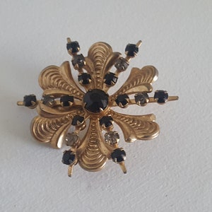 Flower Pendant, Flower Brooch, Textured Gold Floral, Black Flower, Black Rhinestones, Dimensional Flower, Mourning Grief, Charm Jewelry image 3