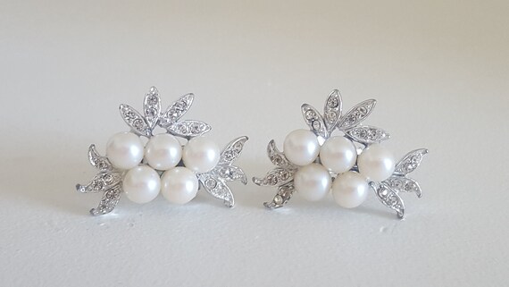 Bridal Wedding Earrings, Faux Pearl and Rhineston… - image 7