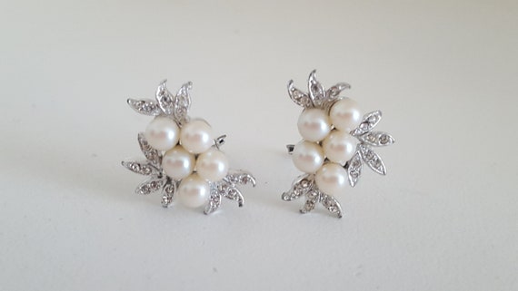 Bridal Wedding Earrings, Faux Pearl and Rhineston… - image 1