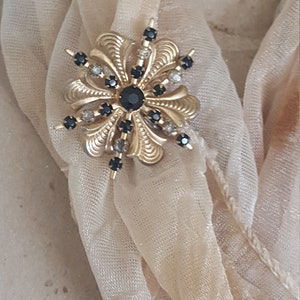 Flower Pendant, Flower Brooch, Textured Gold Floral, Black Flower, Black Rhinestones, Dimensional Flower, Mourning Grief, Charm Jewelry image 7