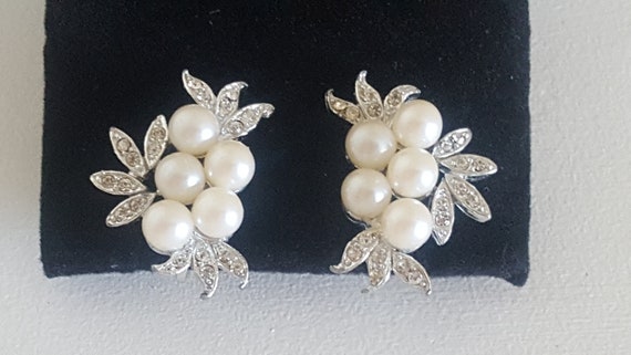 Bridal Wedding Earrings, Faux Pearl and Rhineston… - image 9