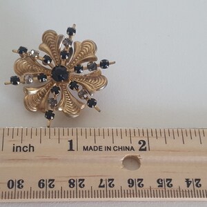 Flower Pendant, Flower Brooch, Textured Gold Floral, Black Flower, Black Rhinestones, Dimensional Flower, Mourning Grief, Charm Jewelry image 8
