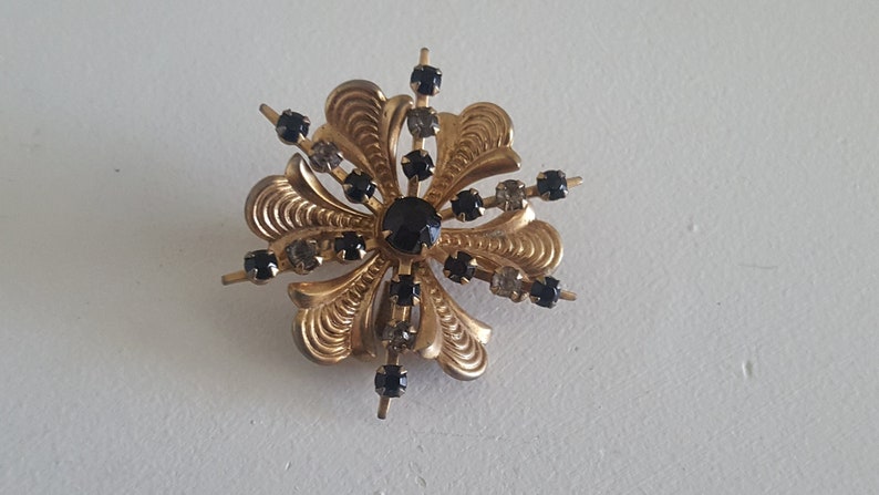 Flower Pendant, Flower Brooch, Textured Gold Floral, Black Flower, Black Rhinestones, Dimensional Flower, Mourning Grief, Charm Jewelry image 1