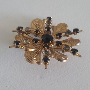 Flower Pendant, Flower Brooch, Textured Gold Floral, Black Flower, Black Rhinestones, Dimensional Flower, Mourning Grief, Charm Jewelry image 5