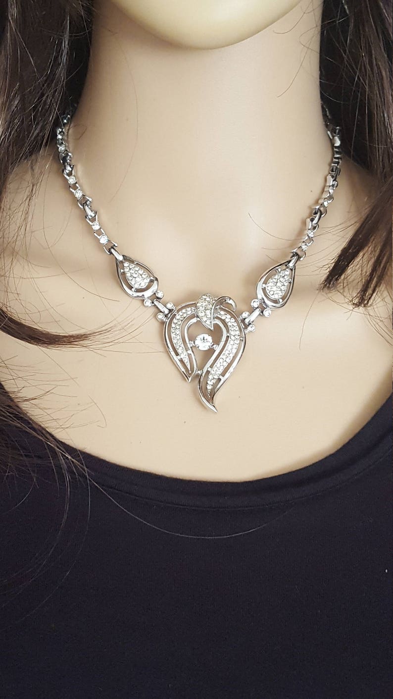 Rhinestone Bib Necklace Silver Statement Chain Wedding Etsy