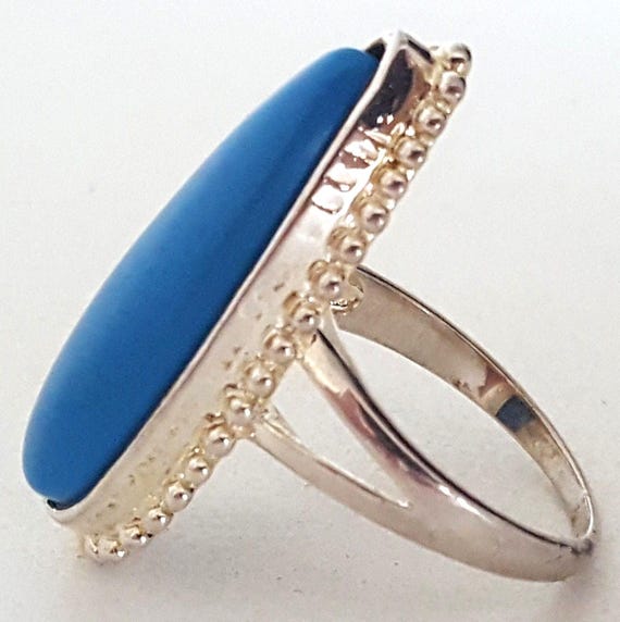 Signed 925 Sterling Silver Ring, Blue Cabochon Te… - image 4