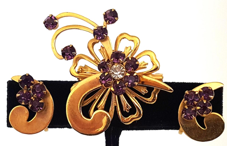 Conjunto de joyas de cristal con diamantes de imitación morados, pendientes vintage con broche floral y cierre de rosca, broche de flor de amatista con piedra natal, regalo de cumpleaños para mamá. imagen 3