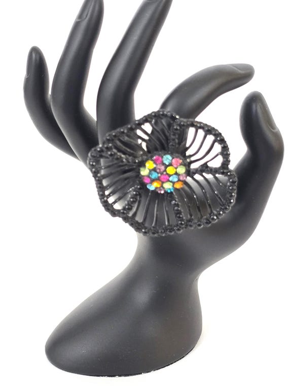 Statement Stretch Flower Cocktail Ring Bold Black… - image 1