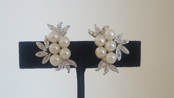 Bridal Wedding Earrings, Faux Pearl and Rhineston… - image 8