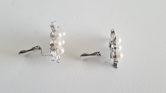 Bridal Wedding Earrings, Faux Pearl and Rhineston… - image 2