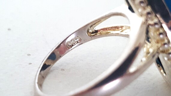 Signed 925 Sterling Silver Ring, Blue Cabochon Te… - image 3