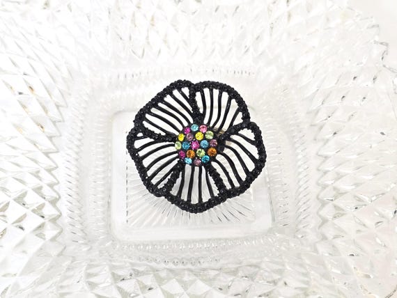 Statement Stretch Flower Cocktail Ring Bold Black… - image 9