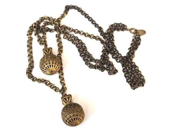 Vintage Miriam Haskell Rolo Chain Necklace, Gilt Brass Filigree Pendants