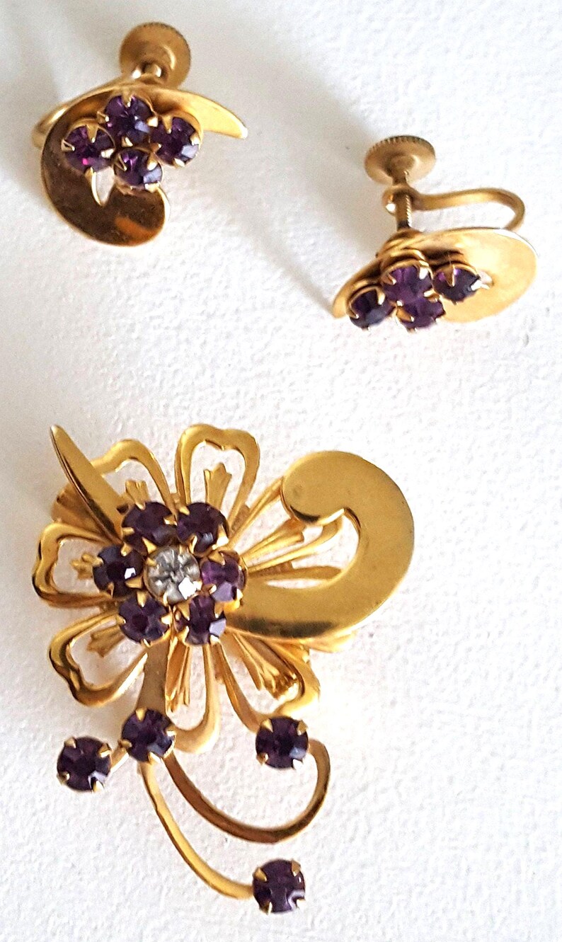 Conjunto de joyas de cristal con diamantes de imitación morados, pendientes vintage con broche floral y cierre de rosca, broche de flor de amatista con piedra natal, regalo de cumpleaños para mamá. imagen 9