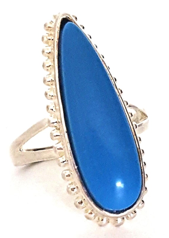 Signed 925 Sterling Silver Ring, Blue Cabochon Te… - image 1