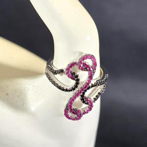 Ruby and Black Sapphire Ring in 925 Sterling Silver Sz 7, Art Deco Promise Engagement Wedding Bridal Jewelry, Cocktail Dinner Party Formal