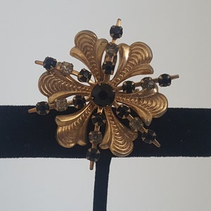 Flower Pendant, Flower Brooch, Textured Gold Floral, Black Flower, Black Rhinestones, Dimensional Flower, Mourning Grief, Charm Jewelry image 9