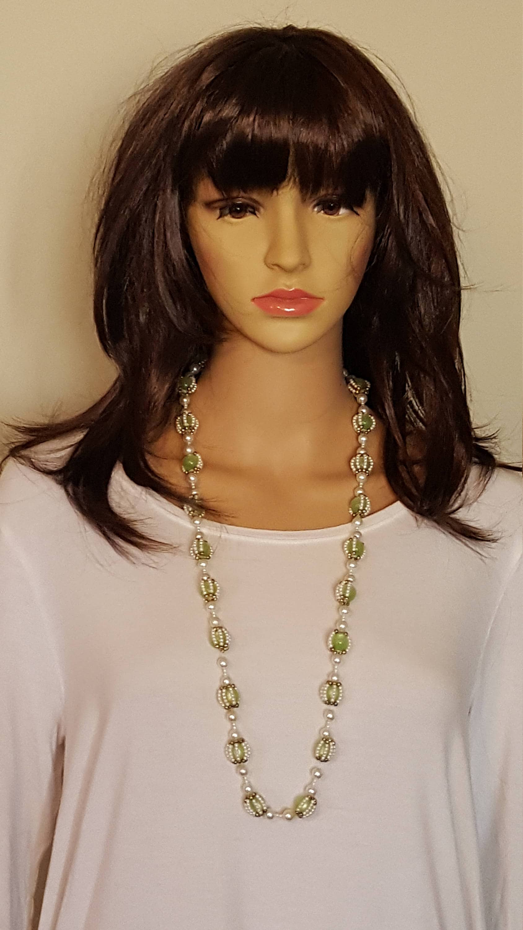 Faux Pearl Necklace Green Bead Necklace Long Beaded Etsy