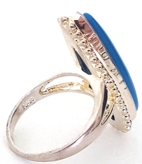 Signed 925 Sterling Silver Ring, Blue Cabochon Te… - image 2