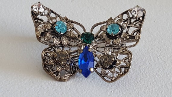 Vintage Multicolor Rhinestone Butterfly Brooch - … - image 1