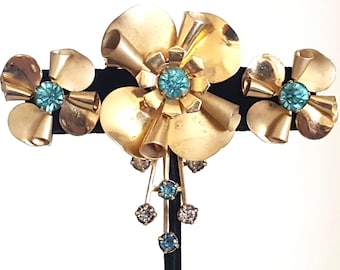 Conjunto de broche vintage de flor con diamantes de imitación y piedra natal, bisutería dorada, jardín antiguo floral, flores para ella.