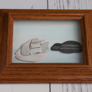 Seashell tall ship hanging framed art, pebble art