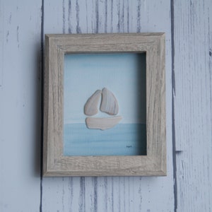 Seashell sailboat hanging framed art, water colour scene collage