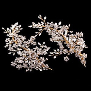 Elegant Leaf Rhinestone Gold Vine Pair Wedding Bling Silver Crystal Hairpiece Glam Bridal Head Piece Pair Clip