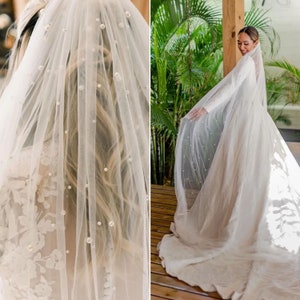 Cathedral Pearl Beaded Vintage Bridal Wedding Veil Beautiful Tulle Pearl Long Veil  Meters Beautiful Glam Veil Soft LIGHT IVORY