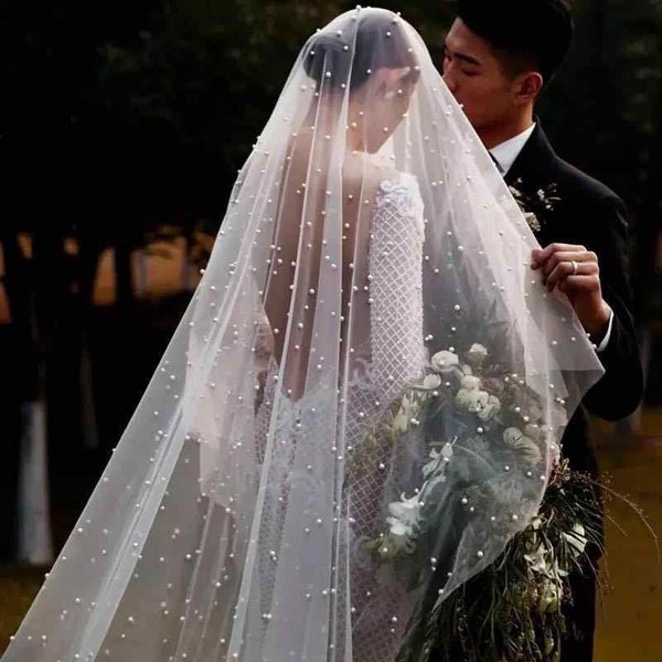 Scattered Pearls Beaded Drop Veil  Fingertip Cathedral Veil With Blusher Light Ivory 10 Feet Length 45 Inch Off White Soft Tulle Glam Veil