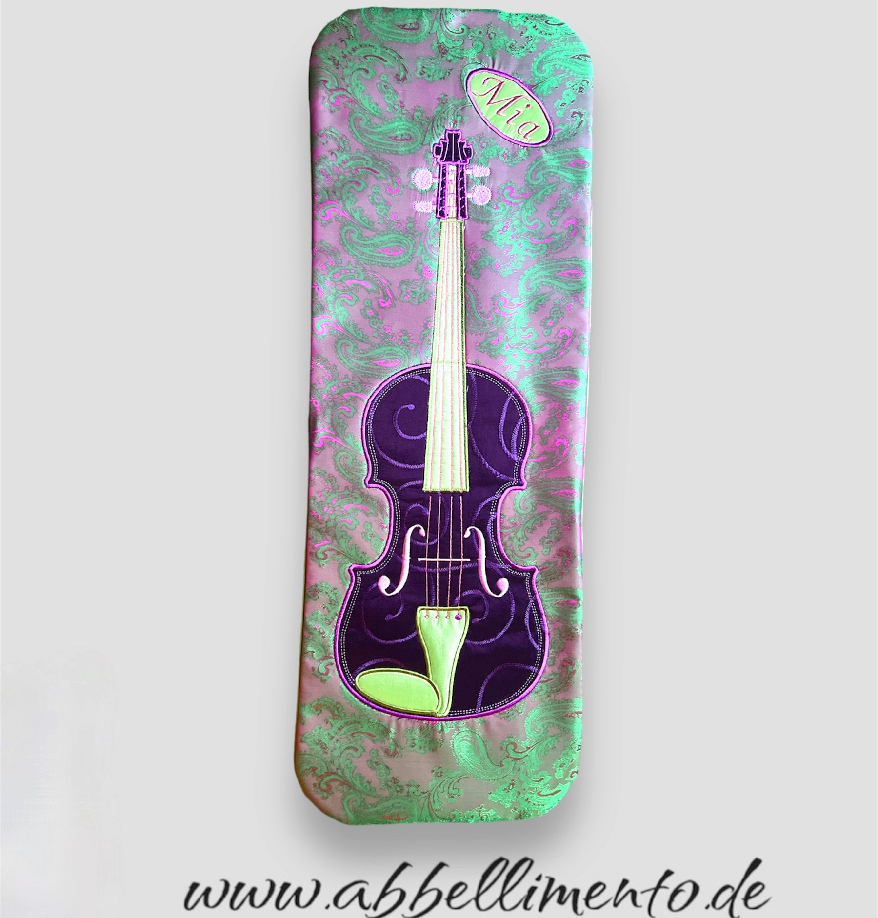 Violin blanket "Spring Colors" made of fine silky fabric with appliquéd violin, name embroidery possible