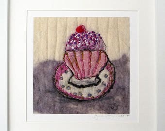 Cake Art Print, cupcake, cake lover, Fine Art giclee, felted painting, felt, original gift