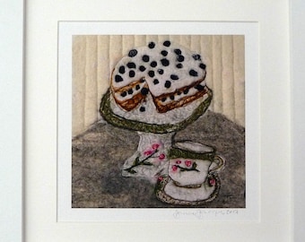 Tea and cake lover, Art print, Tea cup and saucer, unique original gift, Afternoon Tea, Giclee, felt art, felted painting