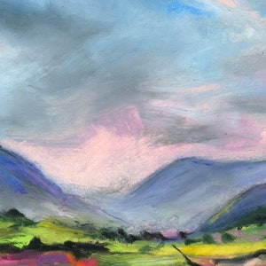 May include: An original pastel landscape painting. The artwork depicts a valley scene with rolling hills and mountains under a cloudy sky. The color palette includes shades of blue, green, yellow, pink, and purple.