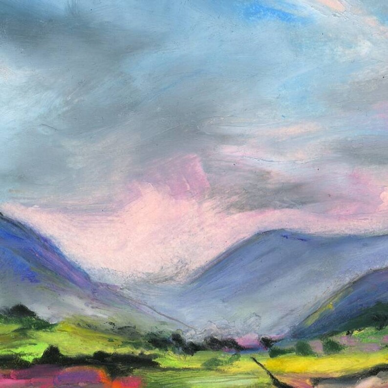 May include: An original pastel landscape painting. The artwork depicts a valley scene with rolling hills and mountains under a cloudy sky. The color palette includes shades of blue, green, yellow, pink, and purple.