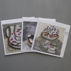 Cartes de voeux pour le thé et les gâteaux, art en feutre, lot de 3, cartes vierges pour votre propre message