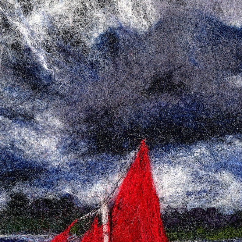 May include: A red sailboat with white sails is partially visible in the foreground. The background is a stormy blue sky with white clouds.