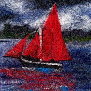 May include: A red sailboat with a dark hull sails on a dark blue body of water. The sky is a dark blue with white clouds.