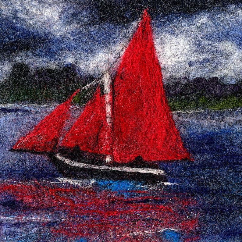 May include: A red sailboat with a dark hull sails on a dark blue body of water. The sky is a dark blue with white clouds.