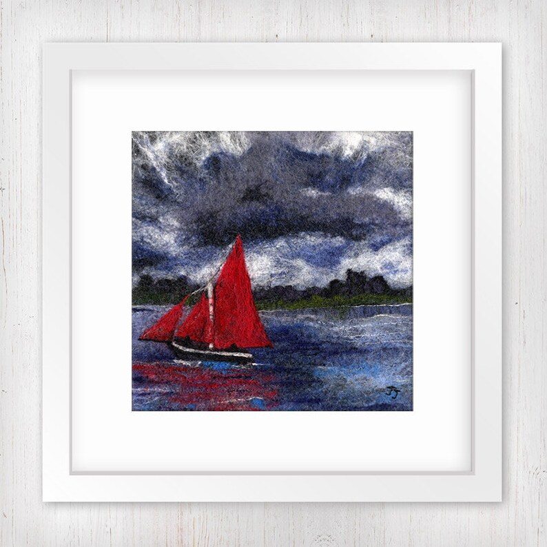 May include: A red sailboat with a white sail is on a body of water with a dark blue sky and clouds. The sky is dark and stormy. The sailboat is in the middle of the image.