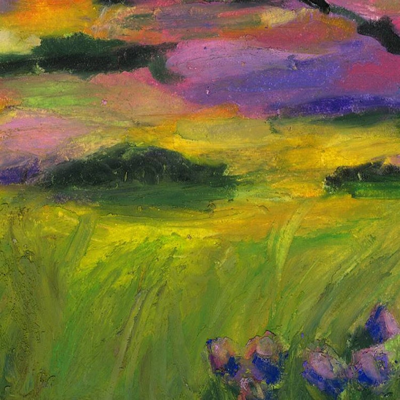 May include: An impressionistic landscape painting with a vibrant color palette. The artwork features a field of green grass, a yellow sky, and purple and pink clouds. Bluebonnet flowers are in the foreground.