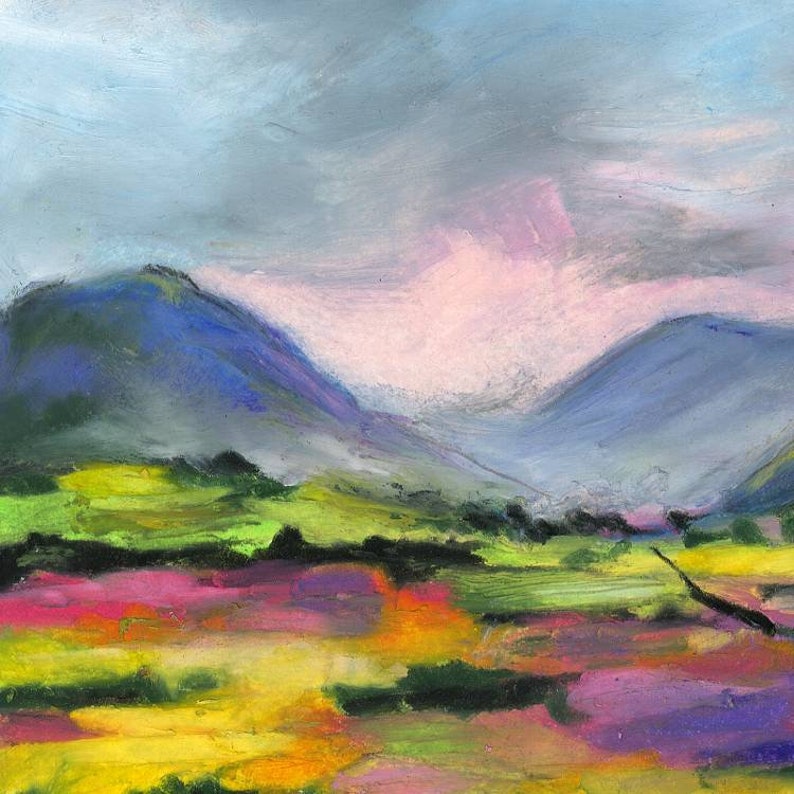 May include: An abstract landscape painting with a colorful field of yellow, pink, and purple hues. Two blue mountains rise in the background under a cloudy sky. The artwork uses pastel colors and a textured style.