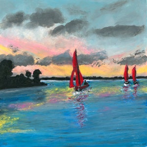 Irish wall art, boats art print, Wild Atlantic Way, sunset, seascape, harbour art, Ireland home decor, limited edition, oil pastel painting.