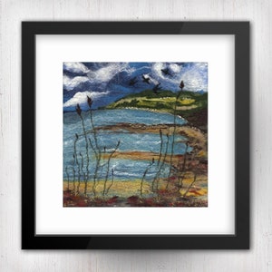 Scottish seacape print, coastal view, Scotland, swallows, limited edition giclee art print, felt landscape, wool painting image 1